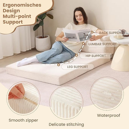 Folding Sofa Bed, Convertible Sleeper Chair with Pilow Foldable Matress, 2 in 1 Pull Out Loveseat Sofa Portable Fold Out Chair Bed Floor Couch Lounge for Living Room Bedroom (Beige, Twin)