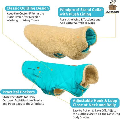 Queenmore Warm Dog Coat, Cold Weather Puffer Dog Coat Vest, Quilting Winter Pet Jacket Ultra Thick Plush Fleece Lining Pet Clothes for Dogs with Storage Pockets (Light Blue,Large)