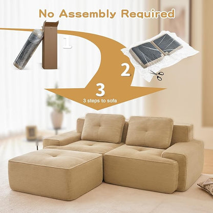 80" Modern Corduroy Boneless Love Seat Couches with 1 Ottoman, 2 Seater Large Sectional Couches for Living Room, Camel Cloud Modular Sectional Sofa, Memory Foam, Extra Deep Loveseat, No Assembly