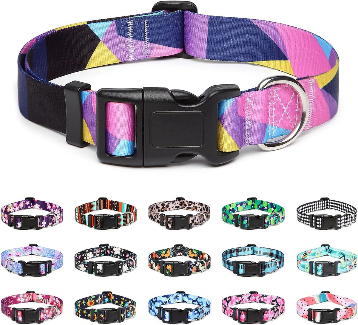 Mercano Adjustable Dog Collar - Special Design Patterns, Soft Nylon Comfortable Sturdy Pet Collar for Small Medium Large Dogs (M, Geometry Purple)
