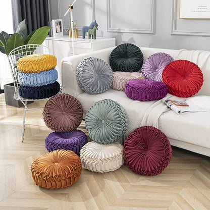 vctops Christmas Red Velvet Seat Cushions Round Floor Pillows Thicken Chair Cushions Pleated Chair Pads Seat Pad Throw Pillows for Bedroom Living Room (Wine Red,Diameter 14")
