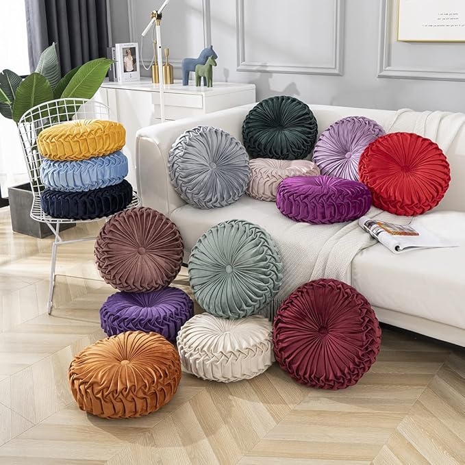 vctops Solid Velvet Seat Cushions Round Floor Pillows Thicken Chair Cushions Pleated Chair Pads Seat Pad Throw Pillows for Bedroom Living Room (Beige,Diameter 14")