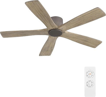 WINGBO 54" Flush Mount DC Ceiling Fans without Lights, 5 Carved Solid Wood