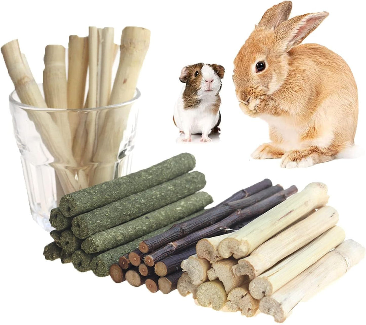 300g Guinea Pig & Rabbit Chew Toys with Apple & Timothy Sticks - Prevent Overgrown Teeth with Sweet Bamboo Treats - Ideal Rabbit Treats Included!