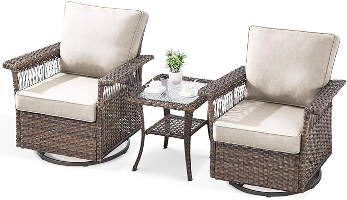 Outdoor Swivel Glider Chairs - 3 Pieces Hollow Widen Armrests Wicker Patio Furniture Set with Side Table, High Back Outside Swivel Rocker for Balcony Porch Deck and Yard - Brown/Beige