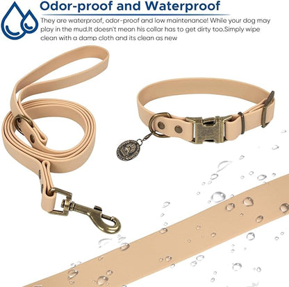 Wisedog Dog Collar and Leash Set, Waterproof Adjustable Puppy Collars with Cute Tag 6FT Dog Leash with Poop Bag for Small Medium Large Dogs (S, Sand Color)