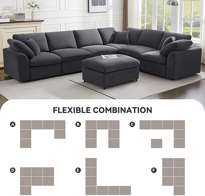 Modular Sectional Sofa Modern Oversized Chenille Cloud Couch with Movable Ottoman 7 Seater L-Shaped Sofas Comfy Couches for Living Room Spacious Space Office Lounge, Dark Grey