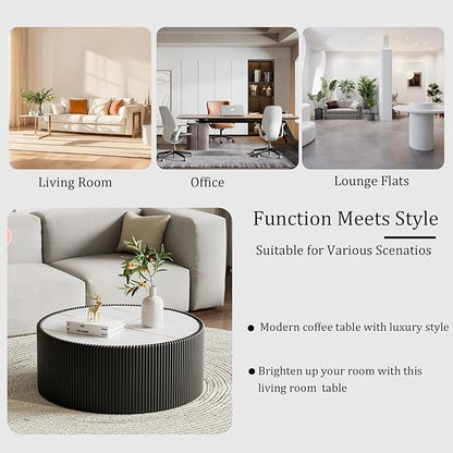 Black Round Coffee Table with Sintered Stone Tabletop, 29.52" Drum Coffee Table with Fluted PU Leather Covered and Stable Base, Circle Cocktail Tea Table for Living Room