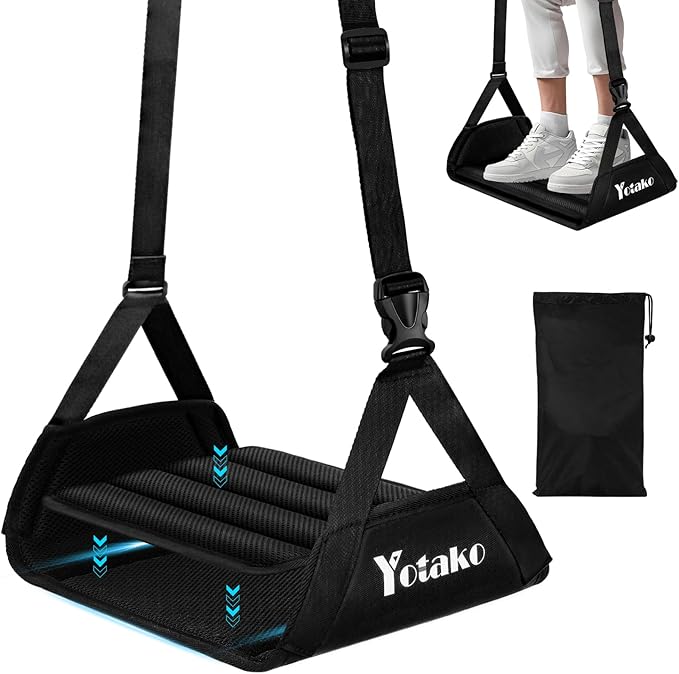 Yotako Airplane Foot Hammock-Removable Wide Bamboo Airplane Foot Rest with Extended Adjustment Strap, Desk Foot Hammock to Relax Your Feet Foot Sling Travel Essentials with Storage Pouch, Black