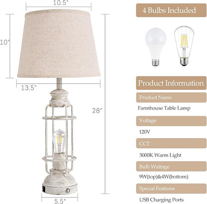 28" Table Lamps for Living Room Set of 2, 3 Way Dimmable Touch Lamps with USB A+C Ports,Farmhouse Table Lamps for Bedroom,Industrial Lamp for Living Room End Tables,4 Bulbs Included