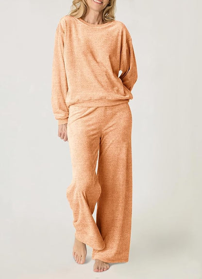 Aamikast Women's 2-Piece Lounge Set Soft Brushed Jersey Sleepwear Pajamas Set Long Sleeve Top & Wide Leg Pants