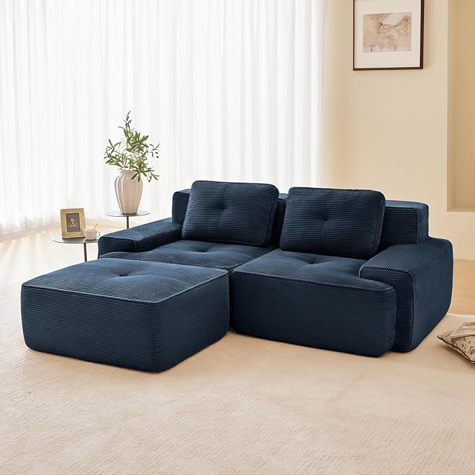 80" Modern Corduroy Boneless Love Seat Couches with 1 Ottoman, 2 Seater Large Sectional Couches for Living Room, Blue Cloud Modular Sectional Sofa, Memory Foam, Extra Deep Loveseat, No Assembly