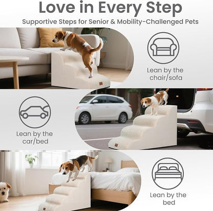 GoGoBunny Ramp Dog Stairs for Couch Sofa and Chair 15.7" H, 3-Step Pet Steps for Small Dogs and Cats, Non-Slip Waterproof Fabric Cover, Stable and Balanced Indoor Step, Pets Friendly, Beige