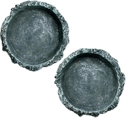 OMEM Reptile Natural Bowl Food and Water Dish Resin Made (2PCS- Gray S)