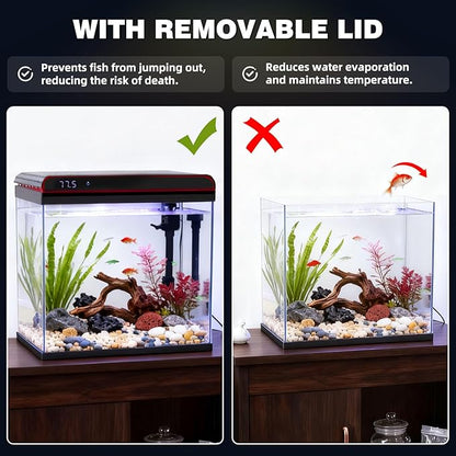 Coospider 10 Gallon Glass Fish Tank, Aquarium Starter Kit, Simple Self-Cleaning Aquarium with 3-Color LED Lights, Quiet Filter Pump, Temperature Monitoring for Fish, Shrimp, Kids Gift Ideas