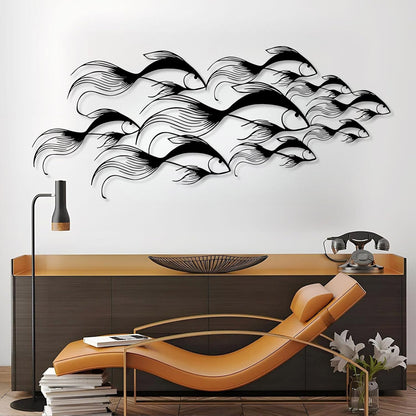 School of Fish Metal Wall Art, Metal Fish Wall Decor, Sea Life Wall Art, Large Nautical Wall Hanging, Modern Beach House Wall Decor, Ocean Themed Artwork for Bathroom (White, 35"x15" | 90x38cm)