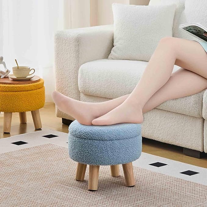 Wimarsbon Storage Ottoman, Modern Round Footrest with Soft Padded Seat, Teddy Velvet Footstool with Wood Legs, Accent Small Table or Plant Stand for Hallway, Living Room (Blue)