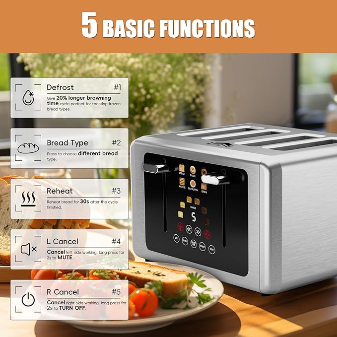 4 Slice Toaster, Touchscreen & Dual Independent Control Panel，5 Basic Functions
