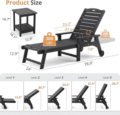 LUE BONA Chaise Lounge Chair with Table, 6-Piece, HDPS Chaise Lounger, 5 Positions Adjustable Lounge Chairs, Pool Lounge Chair with Wheels for Poolside, Backyard, Black