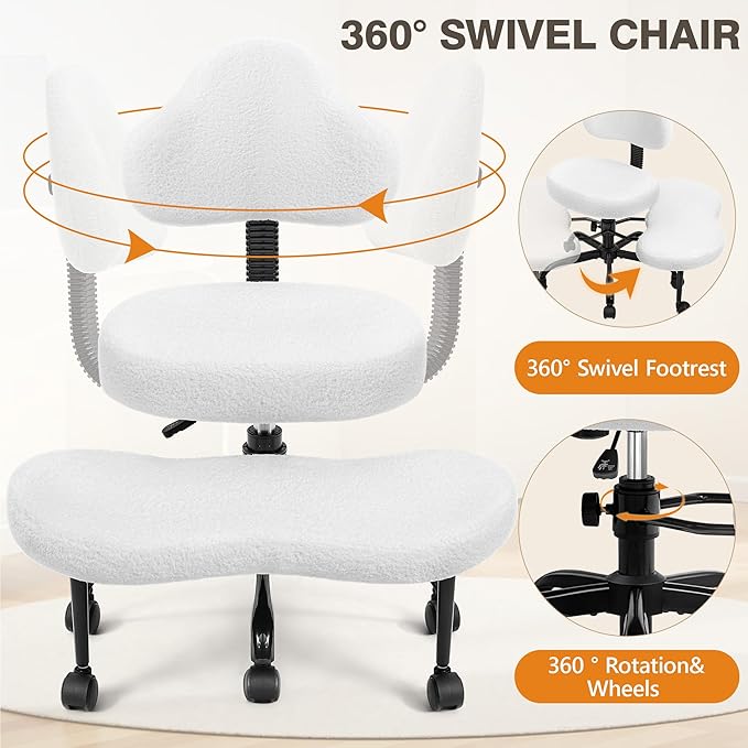 Cross Legged Office Chair, Criss Cross Desk Chair ADHD Meditation Kneeling Yoga Seat with Adjustable Height, Lumbar Support, Wider Footrest and Wheels (Pearl White)