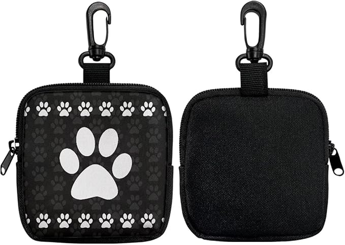 KEIAHUAN White Paw Print Dog Treat Pouch Small Training Bag Portable Dog Treat Bag with Zipper Closure and Carabiner Hands Free Pet Treat Bags Training Pouch Mini Wallet, Black
