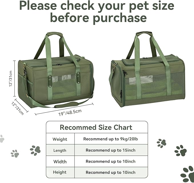Petsfit 19x12x12 Pet Carrier for Large Cats (up to 20 lbs), Soft-Sided Small Dog Travel Carrier, Upgraded with Patented Buckle and Soft Padding, Ideal for Car Road Trips Green