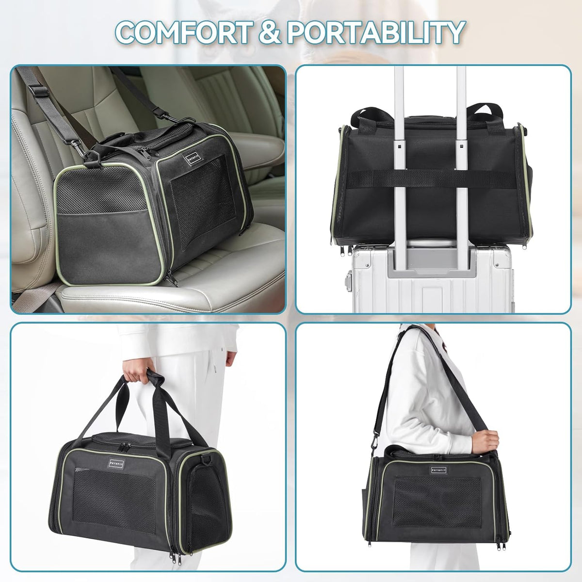 PETSFIT Pet Carrier Airline Approved with Extendable Mat, Dog Carriers for Small Dogs, TSA Approved Pet Carrier, Puppy Carrier for Small and Medium Cats Under 12 Lbs, Black