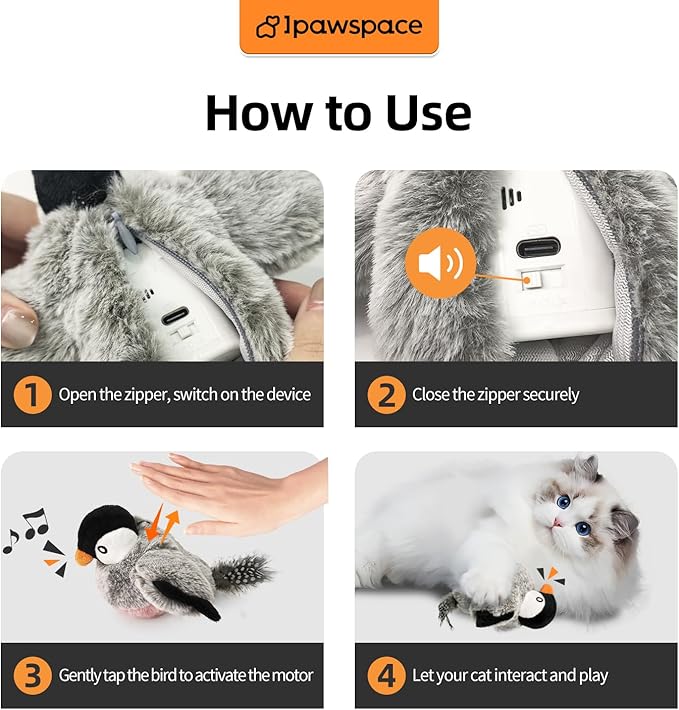 Interactive Flapping Bird Cat Toy with Catnip, Musical Sound (can Turn Off), Satisfy Cat's Natural Huting Instinct, Soft Plush Washable Cover, Moving Toy for All Breeds Cats(Gray)