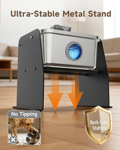 12L/3.2Gal Dog Water Fountain Elevated, Stainless Steel Pet Water Fountin with Adjustable Metal Stand, Raised Automatic Dog Water Bowl Dispenser for Large Dogs, Quiet Dog Fountain with Water Window