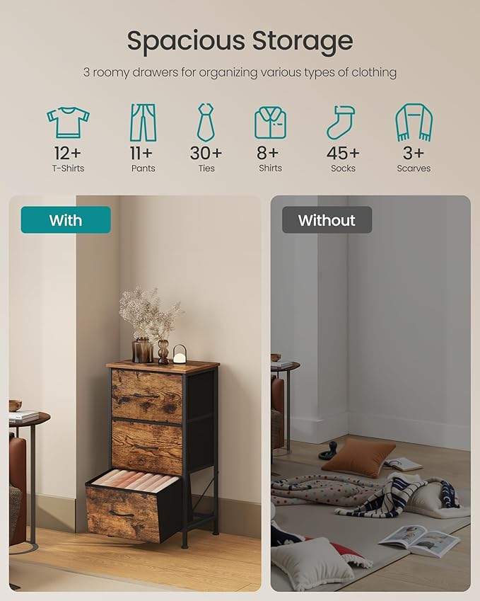 SONGMICS Dresser for Bedroom, Chest of Drawers, 3 Non-Woven Fabric Drawers