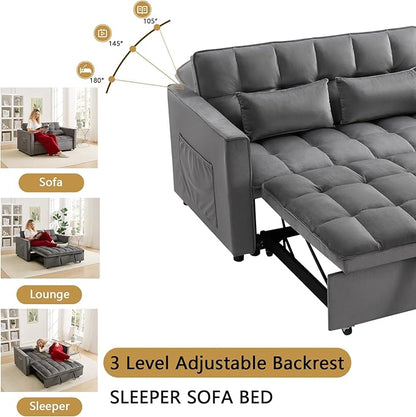 OjvZxqtbrnl Convertible Sofa Bed,3 in 1 Pull Out Couch Adjustable Backrest, Modern Velvet Upholstery Sleeper Sofa Bed, Loveseat Couch for Living Room, Bedroom & Apartments (Grey)