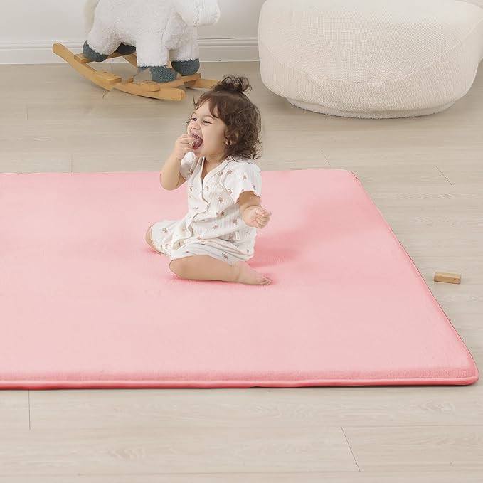 PAPAMAT 1.3" Thick Baby Floor Play Mat 50x50, Basic Padded Foam Mat for Tummy Time Crawling, Non Slip Cushioned for Babies Toddlers Infants Kids (Pink)