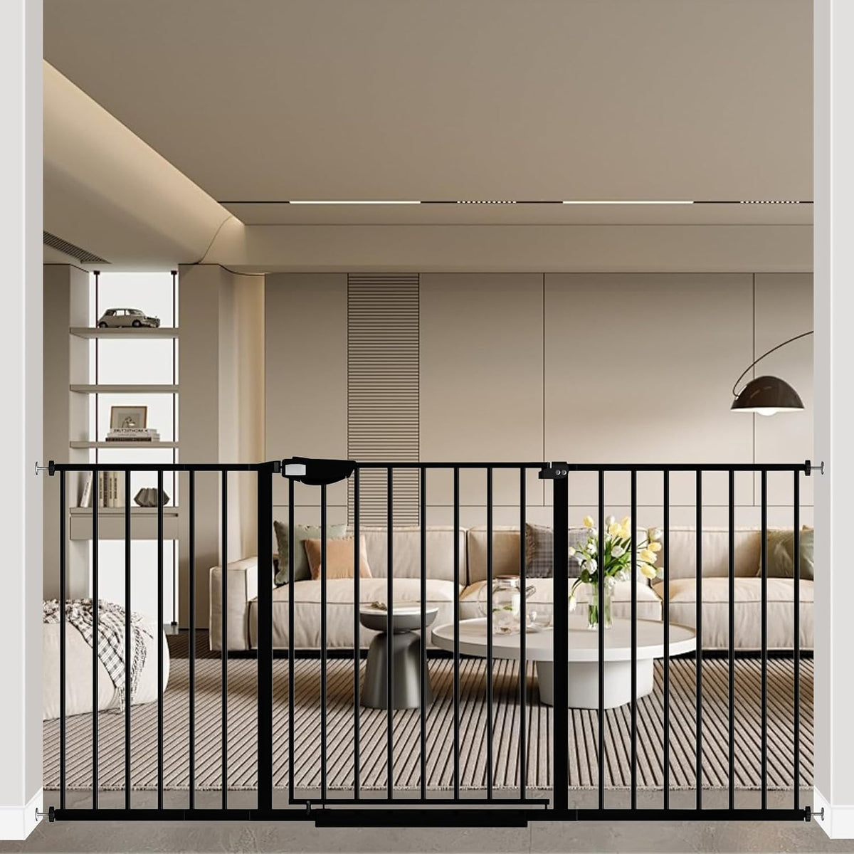 WAOWAO Triple Lock 49.21-66.54" Baby Gate Extra Wide Pressure Mounted Walk Through Swing Auto Close Safety Black Metal Dog Pet Puppy for Stairs,Doorways,Kitchen