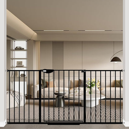 WAOWAO Triple Lock 49.21-66.54" Baby Gate Extra Wide Pressure Mounted Walk Through Swing Auto Close Safety Black Metal Dog Pet Puppy for Stairs,Doorways,Kitchen