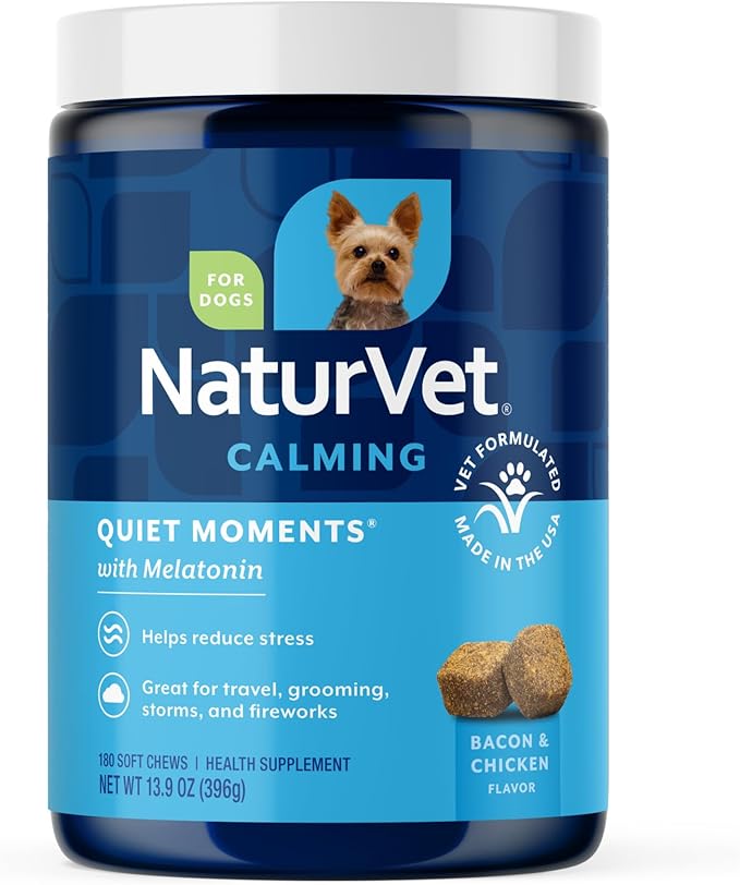 NaturVet Quiet Moments Calming Dog Supplement, Dog Soft Chews with Melatonin to Help Reduce Stress from Storms, the Vet, Fireworks, and Travel, Bacon and Chicken Flavored Pet Supplement, 180 Count Jar