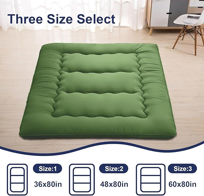 BEYTLYE Japanese Floor Mattress,Thicken Japanese Floor Sleeping Pad Foldable,Roll Up Tatami Mat Easy to Store and Portable,Futon Mattress Suitable for Camping and Guest Room (Green, Full (80" X 47"))