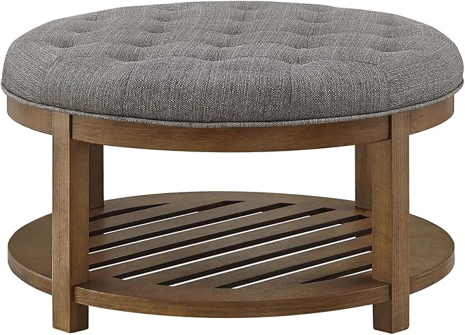 24KF Large Round Upholstered Tufted Linen Ottoman Coffee Table, Large Footrest Ottoman with Wood Shelf Storage-Granite