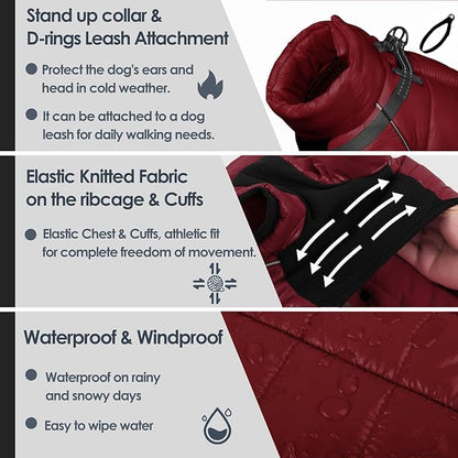 AOFITEE Dog Coat, Waterproof Dog Winter Jacket, Warm Fullbody Dogs Snowsuit, Winter Coat for Small Dogs, Zip Up Pet Puffer Jacket Fleece Vest, Outdoor Reflective Cold Weather Pet Coats, Christmas Red