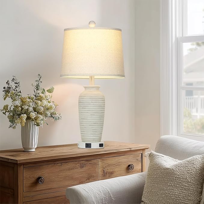 25" Retro White Farmhouse Jar Table Lamps Set of 2, 3 Way Touch Control Rustic Bedside Lamps with USB A+C Ports & AC Outlet, Pot Nightstand Lamps for Bedroom Living Room (LED Bulbs Included)