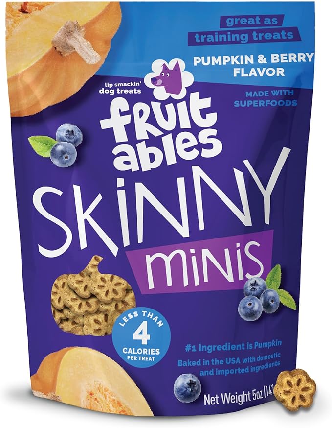 Fruitables Skinny Mini Dog Treats, Healthy Pumpkin Treat for Dogs, Low Calorie & Delicious, Puppy Training, No Wheat, Corn or Soy, Made in the USA, Pumpkin and Berry Flavor, 5oz
