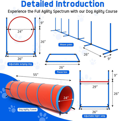 Dog Agility Equipment, Dog Agility Course Backyard Set Obstacle Course Backyard Includes Adjustable High Hurdle,6 Weave Poles,Extended Tunnel,Jump Ring,Square Pause Box,2 Balls,Whistle,2 Carrying Bags