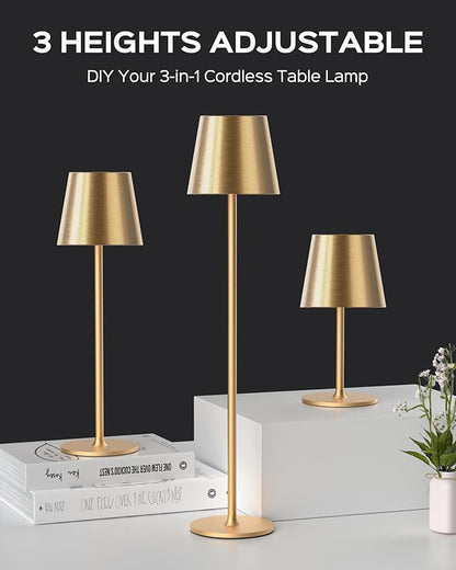 JACKYLED Cordless Table Lamps Rechargeable, 3 Adjustable Height, 5000mAh Battery Operated, 3 Colors Smooth Dimming, Portable LED Waterproof Table Lamp for Dining, Bedroom, Outdoor-Gold