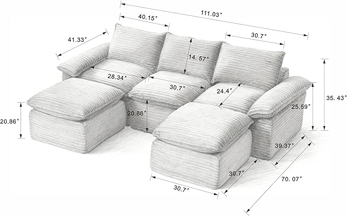113.03" Sectional Couches for Living Room Modern Modular Sofa with U-Shape Couchs Upholstered Corduroy Boneless Couch Deep Seat Cloud Couch with Ottoman, No Assembly Required, Dark Gray