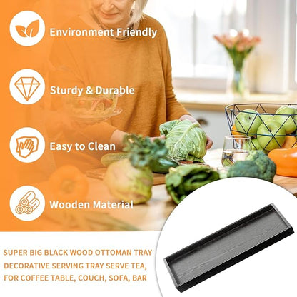 40 x 24 Inches Extra Large Solid Wood Serving Tray for Tea Coffee Table Snack Food Meals Serving Plate Kitchen Party Bar Breakfast Server with Raised Edges Black Wooden Decorative Ottoman Tray