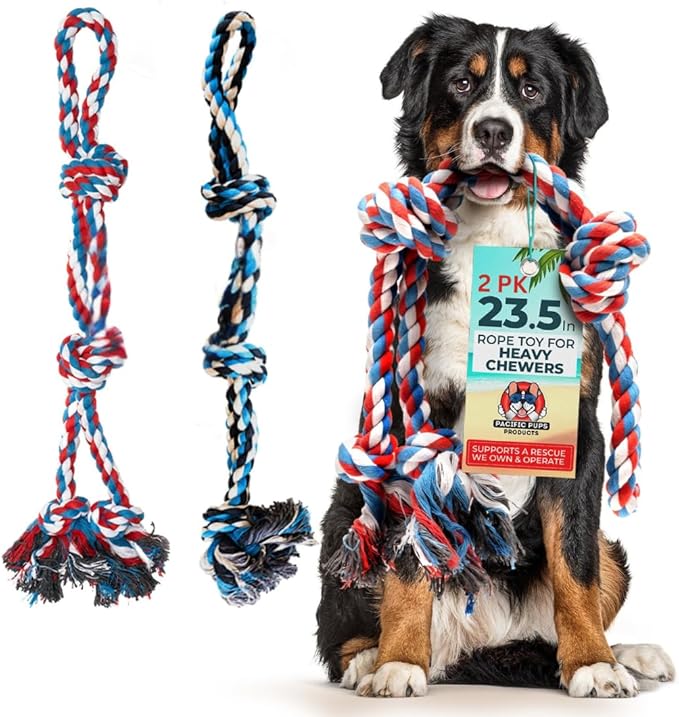 Pacific Pups Products 2 Pack Red & Blue - XL Dog Rope Toy for Aggressive Chewers - Benefits Non-Profit Dog Rescue - Tug of War Dog Toy, Dog Toys for Large Dogs Tough Dog Toys for Aggressive Chewers