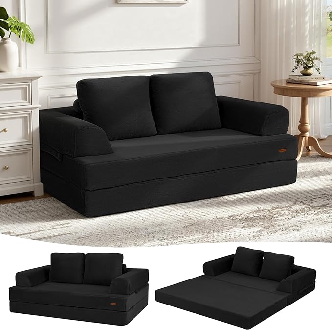 COMAX Convertible Sofa Bed, Folding Floor Couch Fold Out Couch Bed Futon Sleeper Mattress with Pillows, Boneless Sofa Comfy Lounge Loveseat for Living Room Bedroom, Faux Fur Black
