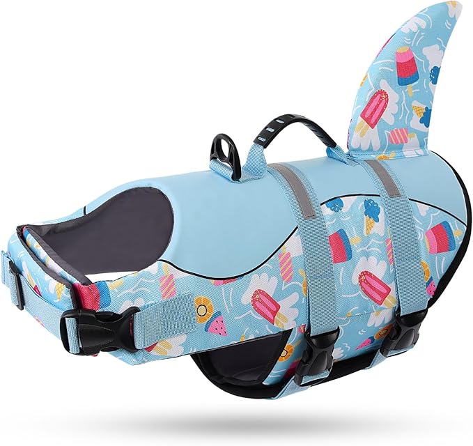 Shark Dog Life Vest for Swimming, Boating, Kayaking, Surfing, Canoeing - High Buoyant Dog Life Jacket, Ripstop High Flotation Swimsuit for Small, Medium, Large Dogs (Blue Ice Cream, S)