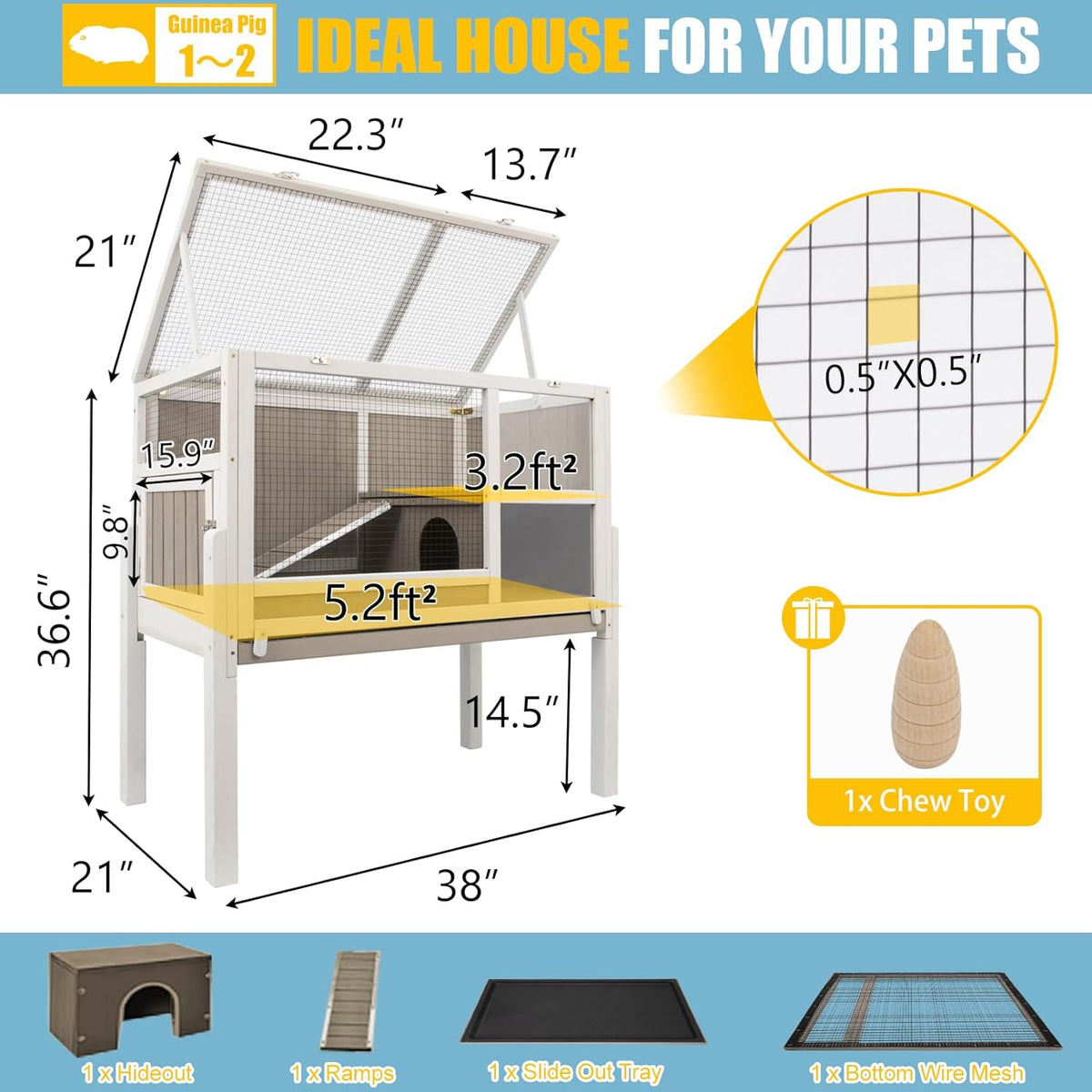 Guinea Pig Cages Indoor, Wooden Guinea Pig Cages with Stand, Rabbit Cage Hutch with Ramp and Hideout, Small Animals Cage Habitat with Not Leakage Pull Out Tray