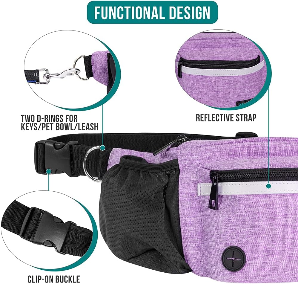 PetAmi Dog Fanny Pack, Treat Pouch for Dog Walking, Training, Built in Poop Bag Dispenser, Water Bottle Holder, Collapsible Bowl, Pet Treat Waist Belt for Hiking, Running, Kibbles (Purple)