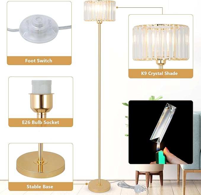 HMVPL Gold Floor Lamp for Living Room, Modern Floor Lamp with K9 Crystal Shade, Brass Standing Lamp with On/Off Switch,Mid Century Tall Lamp Crystal Pole Lamp for Bedroom Corner Office Nursery Reading